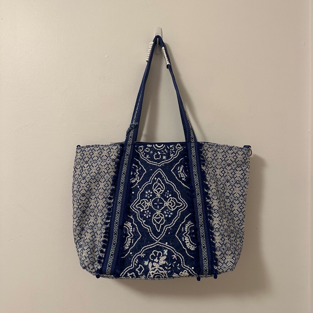 NWT America & Beyond Beaded Boho Blue Bandana Pattern Tote Bag